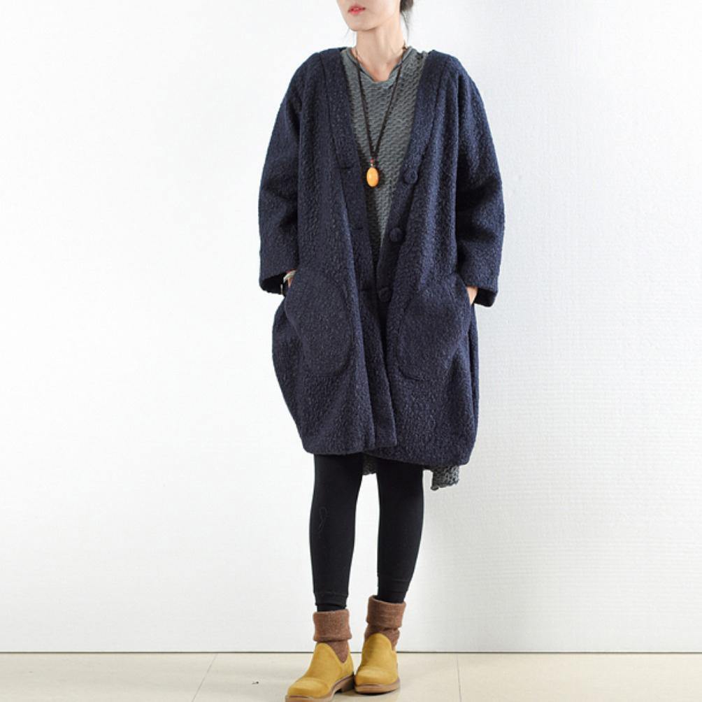 top quality wool dark blue coat plus size hooded cardigans Fine original design long jackets - Omychic