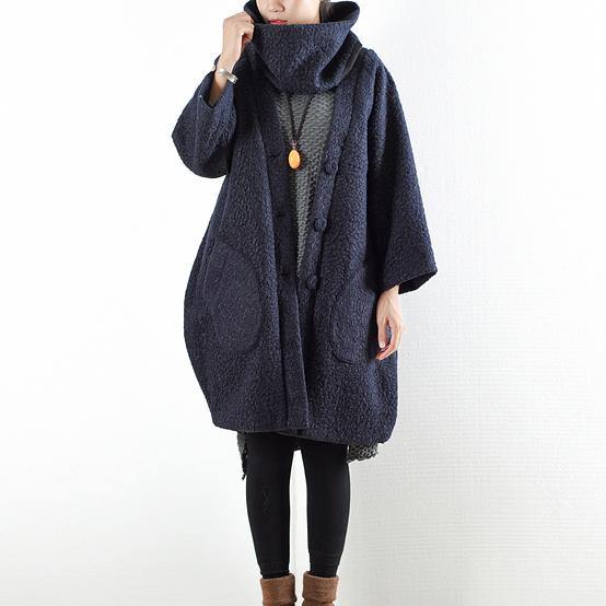 top quality wool dark blue coat plus size hooded cardigans Fine original design long jackets - Omychic