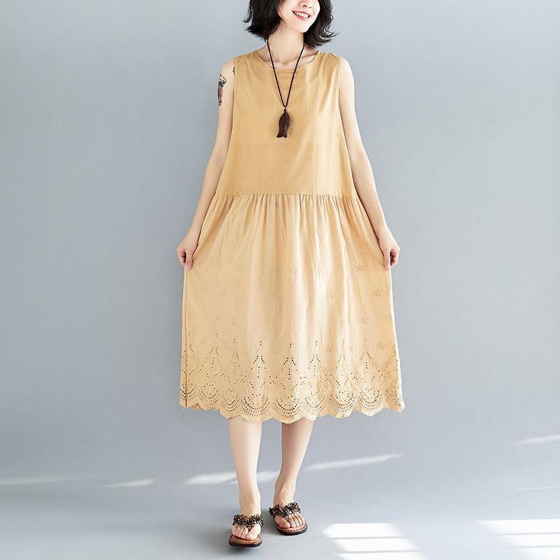 top quality yellow linen dress plus size clothing hollow out traveling dress casual sleeveless kaftans - Omychic