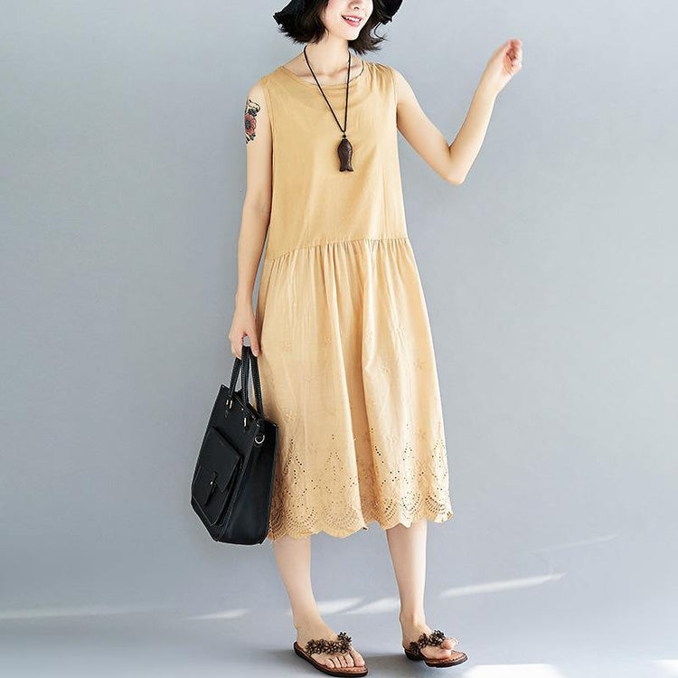 top quality yellow linen dress plus size clothing hollow out traveling dress casual sleeveless kaftans - Omychic