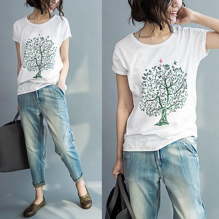 tree and peace white cotton t shirt oversize woman tops blouses - Omychic