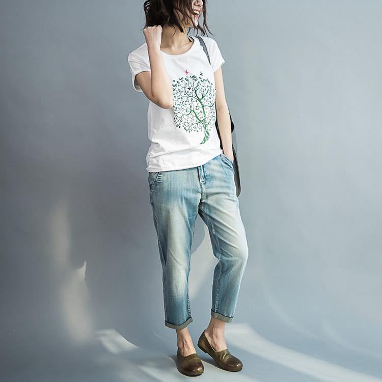 tree and peace white cotton t shirt oversize woman tops blouses - Omychic