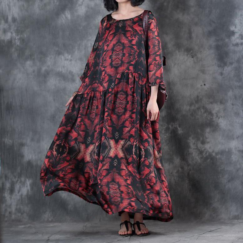 trendy black red prints sundress o neck bracelet sleeved floor length dress patchwork dress - Omychic