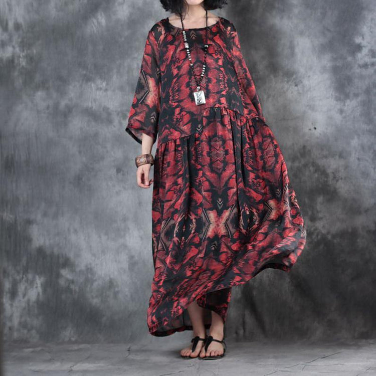 trendy black red prints sundress o neck bracelet sleeved floor length dress patchwork dress - Omychic