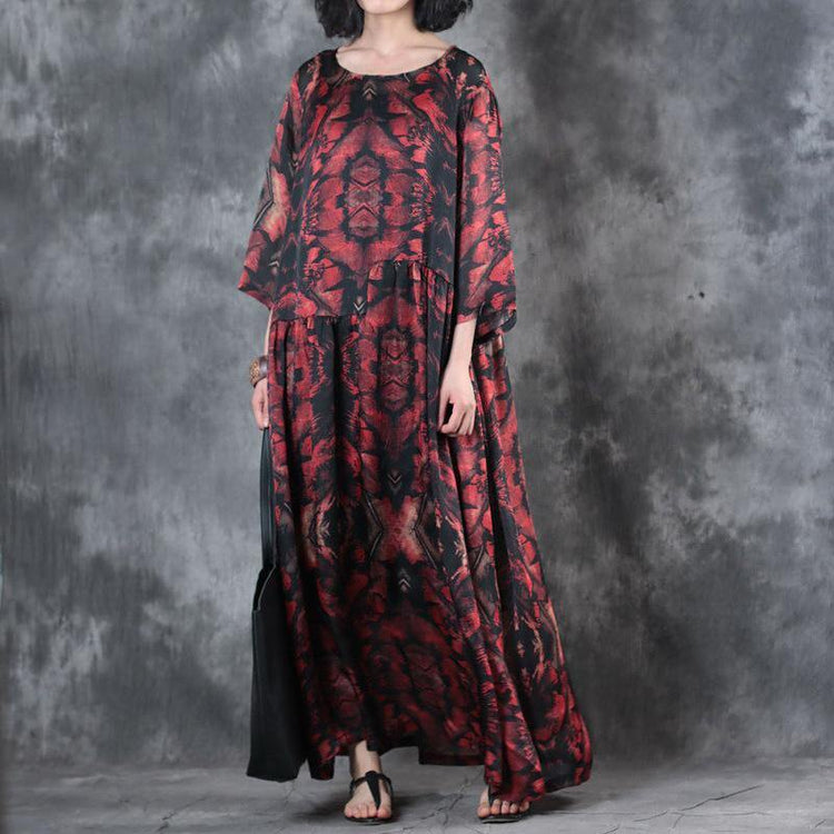 trendy black red prints sundress o neck bracelet sleeved floor length dress patchwork dress - Omychic