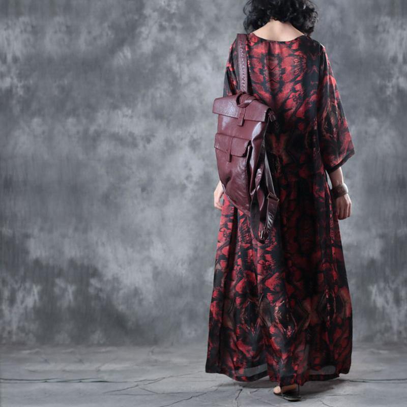 trendy black red prints sundress o neck bracelet sleeved floor length dress patchwork dress - Omychic