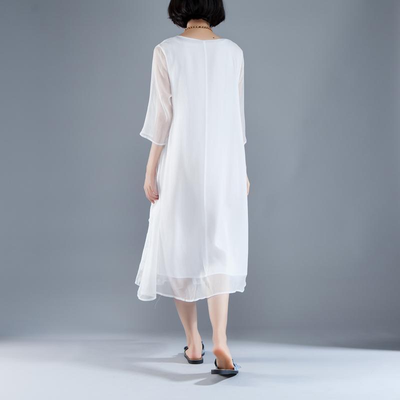 trendy summer maxi dress Elegant Summer Fake Two-piece Retro White Embroidery Dress - Omychic
