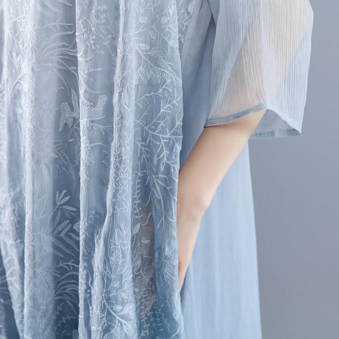 trendy summer maxi dress Elegant Summer Fake Two-piece Retro White Embroidery Dress - Omychic