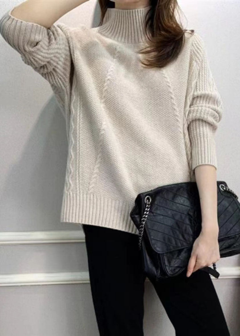 tyle Beige Hign Neck Patchwork Thick Cashmere Knit Pullover Spring