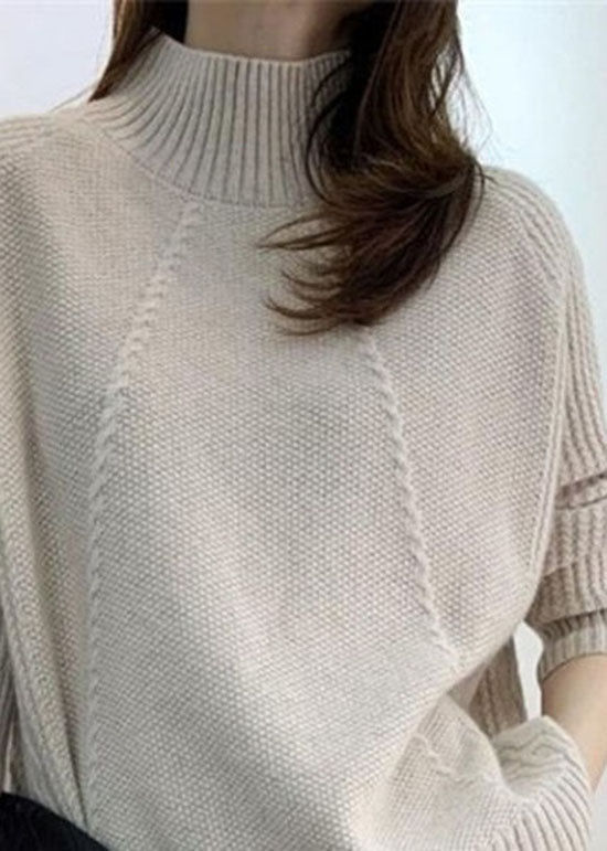 tyle Beige Hign Neck Patchwork Thick Cashmere Knit Pullover Spring