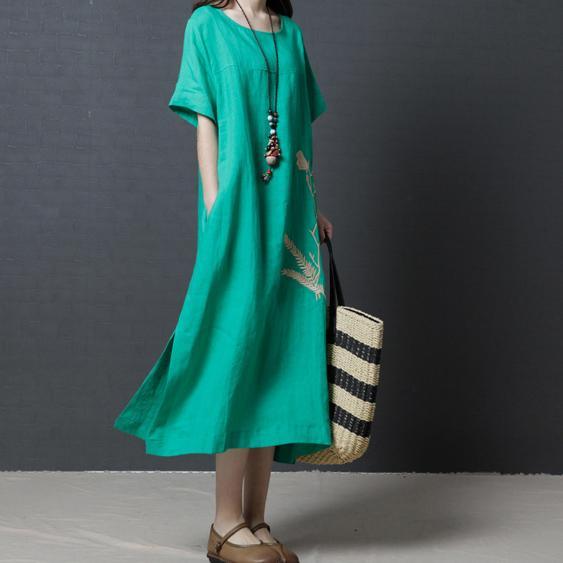 stylish green  long linen dresses trendy plus size side open linen clothing dresses Elegant o neck gown - Omychic