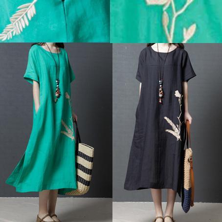 stylish green  long linen dresses trendy plus size side open linen clothing dresses Elegant o neck gown - Omychic