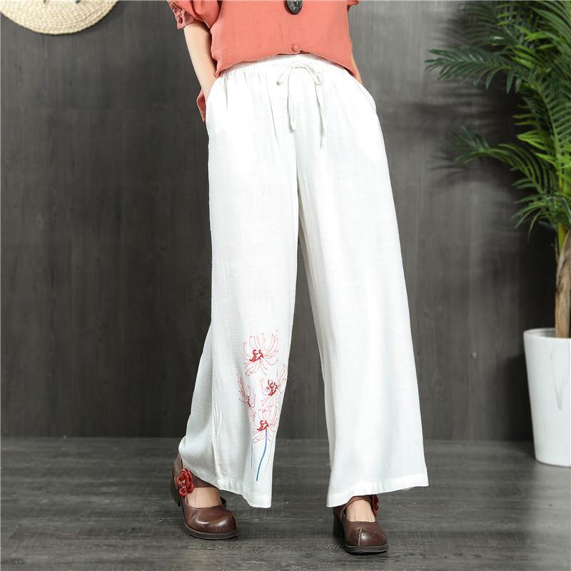 unique white embroidery women linen wide leg pants oversize casual pants - Omychic