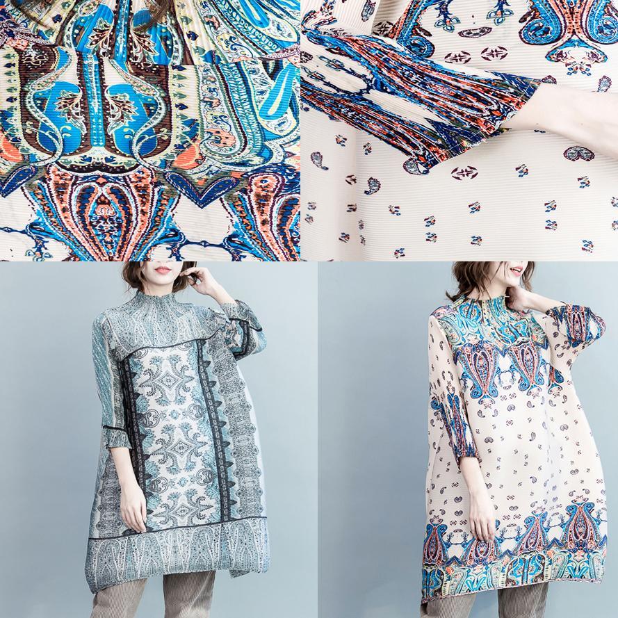 unique Blue engineered print cotton dresses long sleeve plus size dress cotton clothing - Omychic