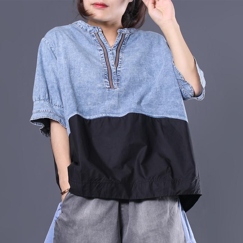 v neck cotton tunics for women Cotton blue patchwork black shirts summer - Omychic