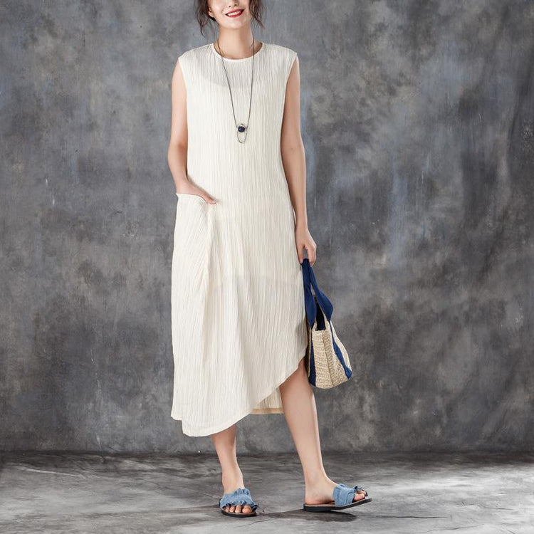 Vintage Midi Cotton Dresses Trendy Plus Size Women Round Neck Sleeveless Jacquard Beige Dress - Omychic