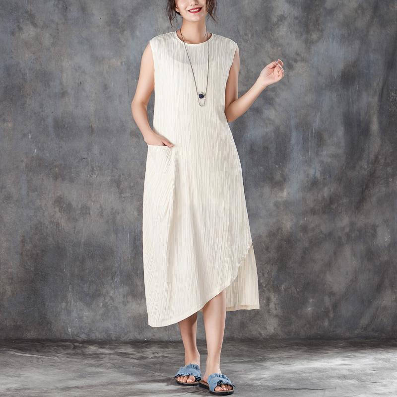 Vintage Midi Cotton Dresses Trendy Plus Size Women Round Neck Sleeveless Jacquard Beige Dress - Omychic