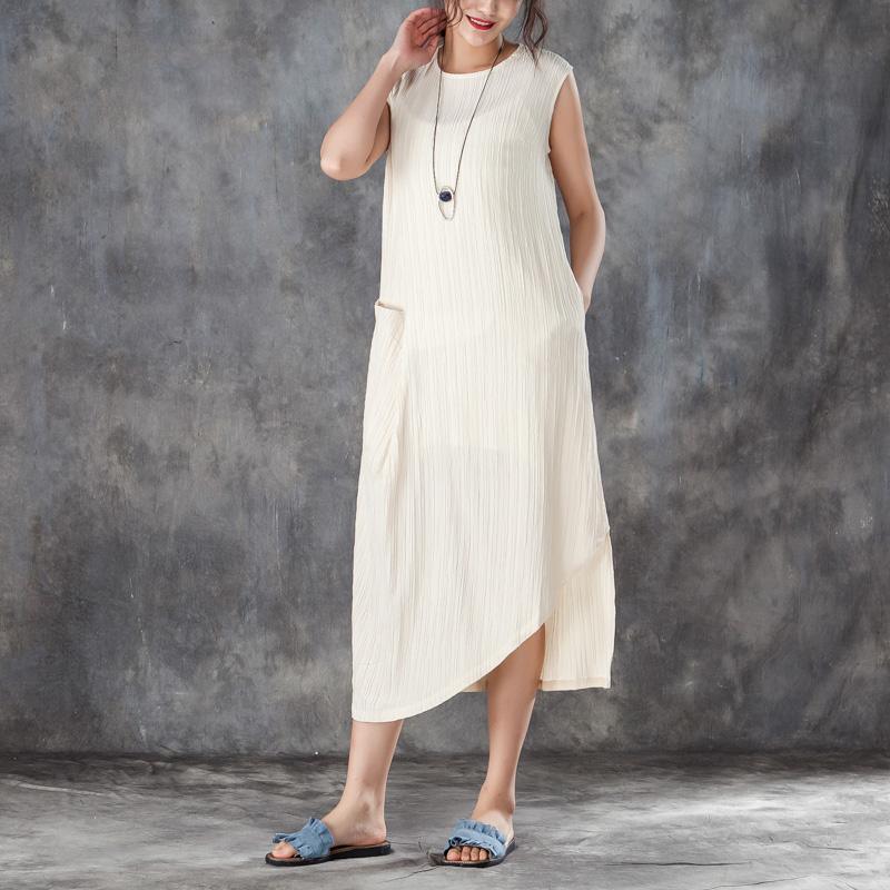 Vintage Midi Cotton Dresses Trendy Plus Size Women Round Neck Sleeveless Jacquard Beige Dress - Omychic
