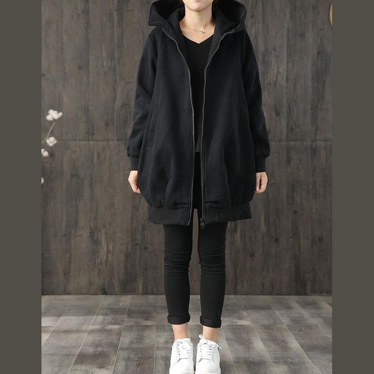 vintage black Coats plus size clothing medium length fall outwear hooded zippered pockets - Omychic