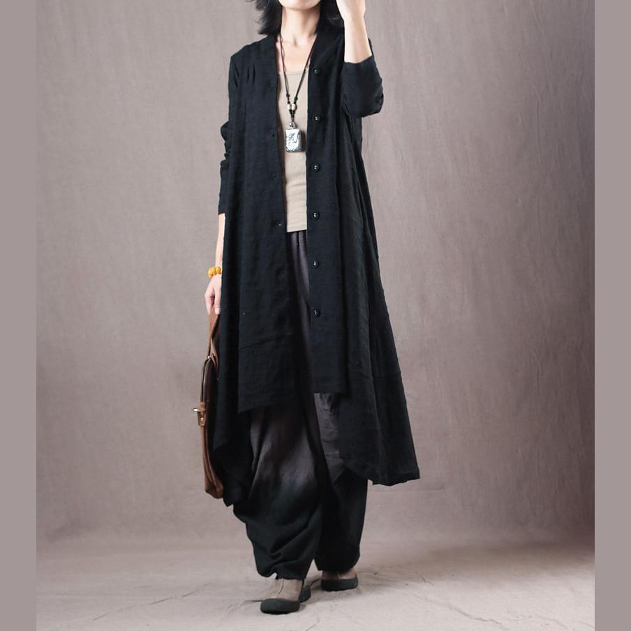 vintage black Jacquard Coat plus size V neck cardigans boutique asymmetric Winter coats - Omychic