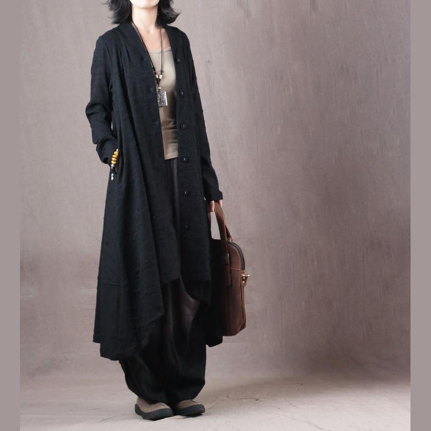 vintage black Jacquard Coat plus size V neck cardigans boutique asymmetric Winter coats - Omychic