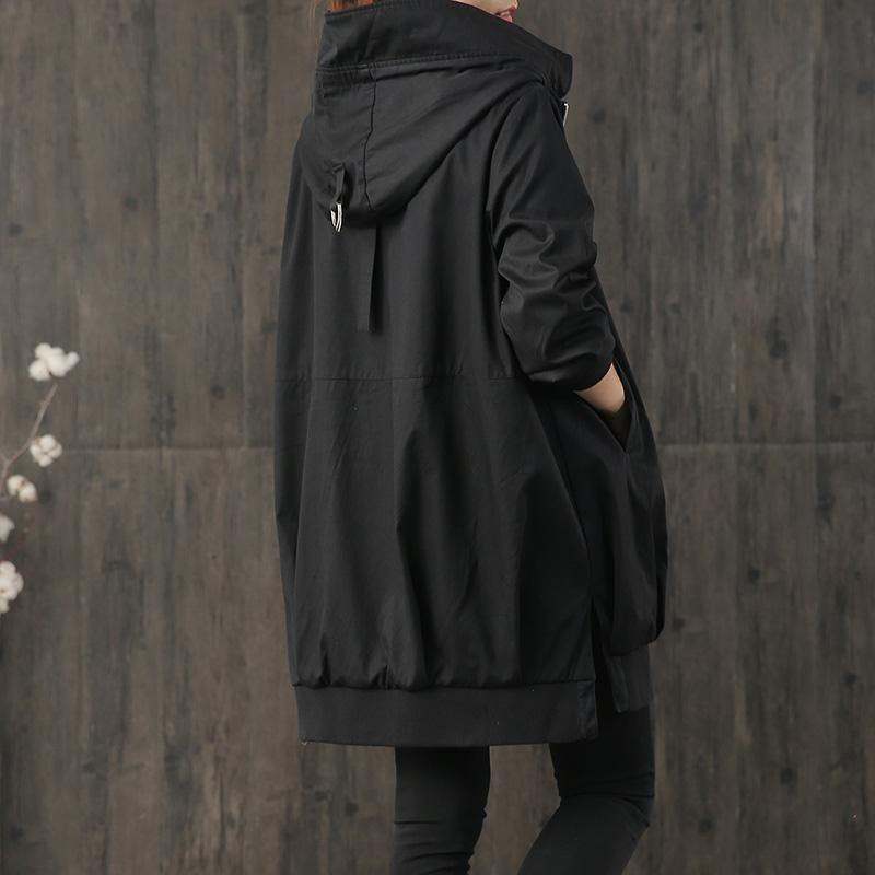 vintage black Loose fitting coat fall women hooded zippered drawstring coats - Omychic