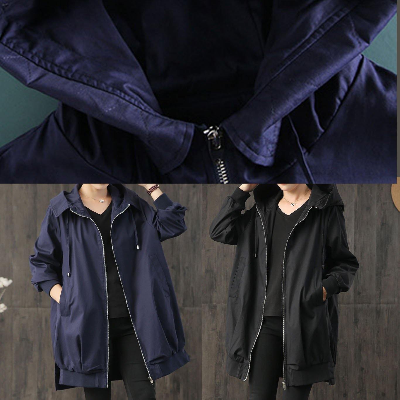 vintage black Loose fitting coat fall women hooded zippered drawstring coats - Omychic