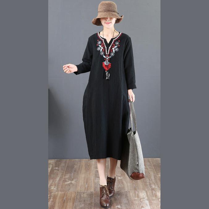 vintage black Midi linen dresses oversized holiday dresses v neck Fine embroidery linen dress - Omychic