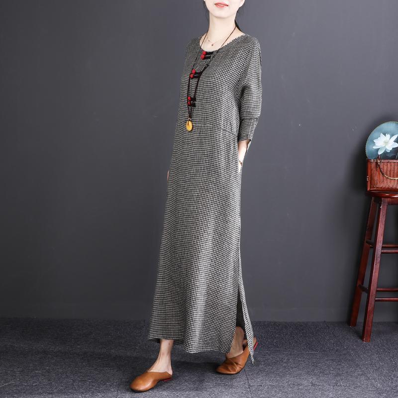 vintage black Plaid linen dresses plus size O neck side open linen clothing dress vintage long sleeve dresses - Omychic