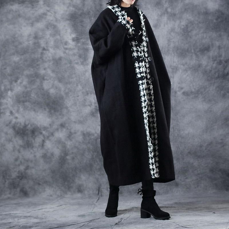 vintage black Wool Coat plus size clothing baggy trench coat women pockets trench coat - Omychic
