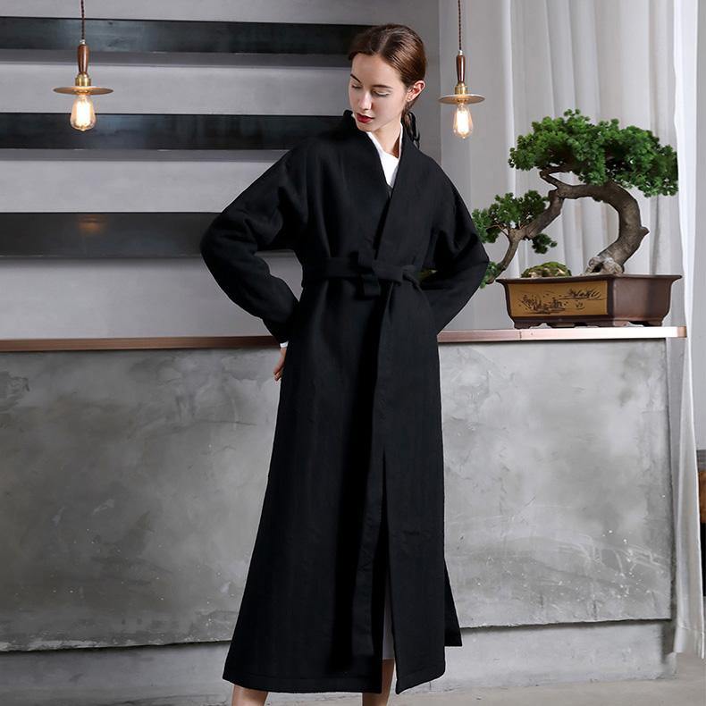 vintage black Woolen Women oversize trench coat V neck wrinkled  jacket embroidery tie waist Coat - Omychic
