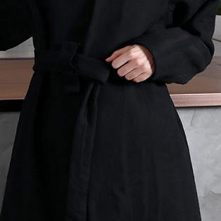 vintage black Woolen Women oversize trench coat V neck wrinkled  jacket embroidery tie waist Coat - Omychic