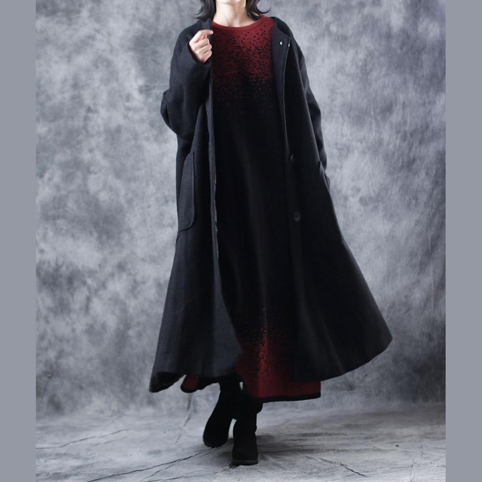 vintage black coat oversized o neck Wool Coat Fashion pockets large hem wool jackets - Omychic