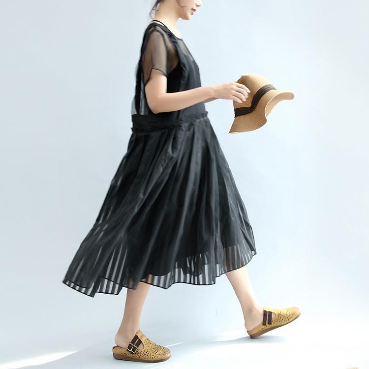 vintage black maxi dresses o neck exra large hem short sleeve summer dress tulle summer dress - Omychic