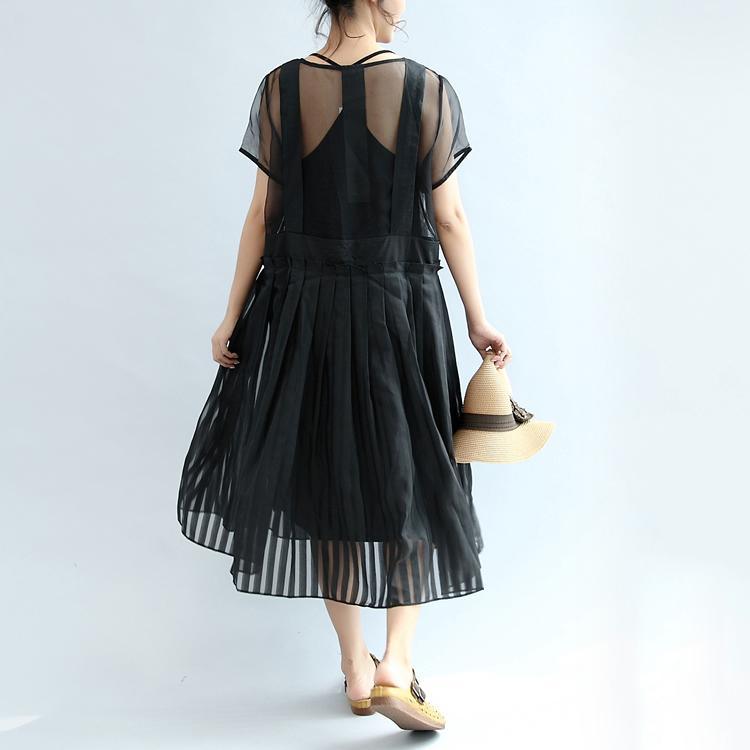 vintage black maxi dresses o neck exra large hem short sleeve summer dress tulle summer dress - Omychic