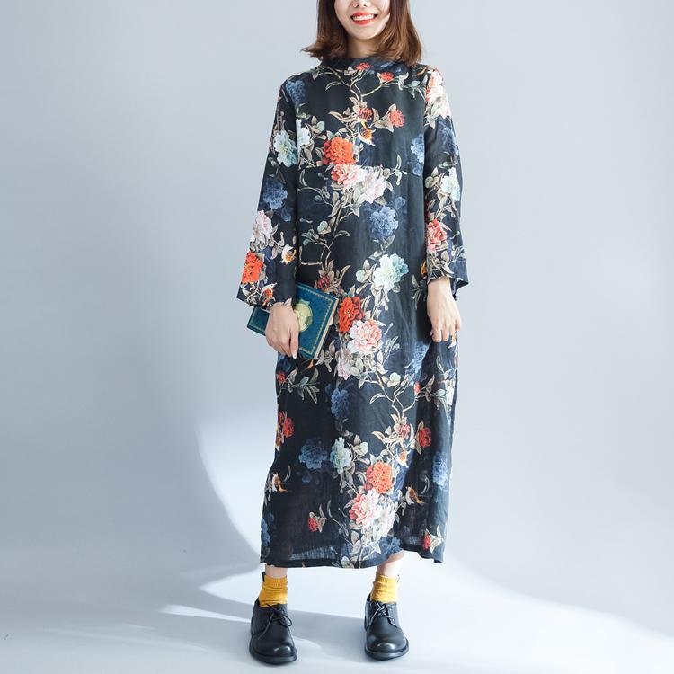 vintage black print 2018 fall dress plus size clothing Stand pockets traveling clothing women long sleeve baggy dresses - Omychic