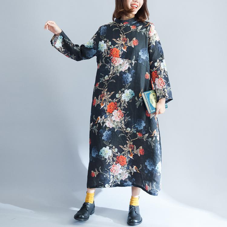 vintage black print 2018 fall dress plus size clothing Stand pockets traveling clothing women long sleeve baggy dresses - Omychic