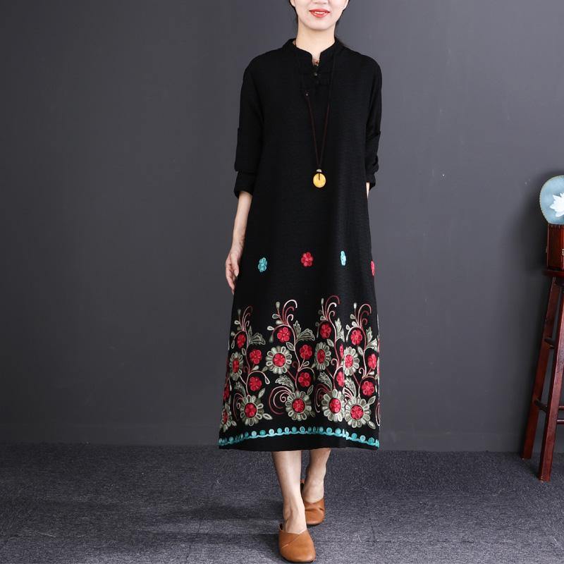 vintage black print cotton linen caftans plus size Stand baggy dresses vintage long sleeve dresses - Omychic