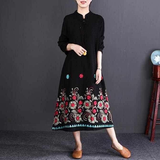 vintage black print cotton linen caftans plus size Stand baggy dresses vintage long sleeve dresses - Omychic