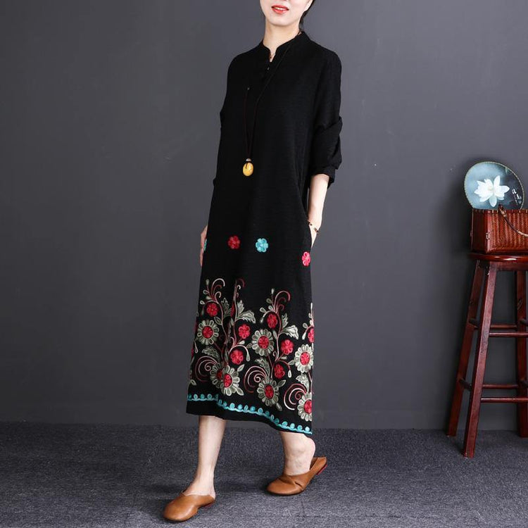 vintage black print cotton linen caftans plus size Stand baggy dresses vintage long sleeve dresses - Omychic