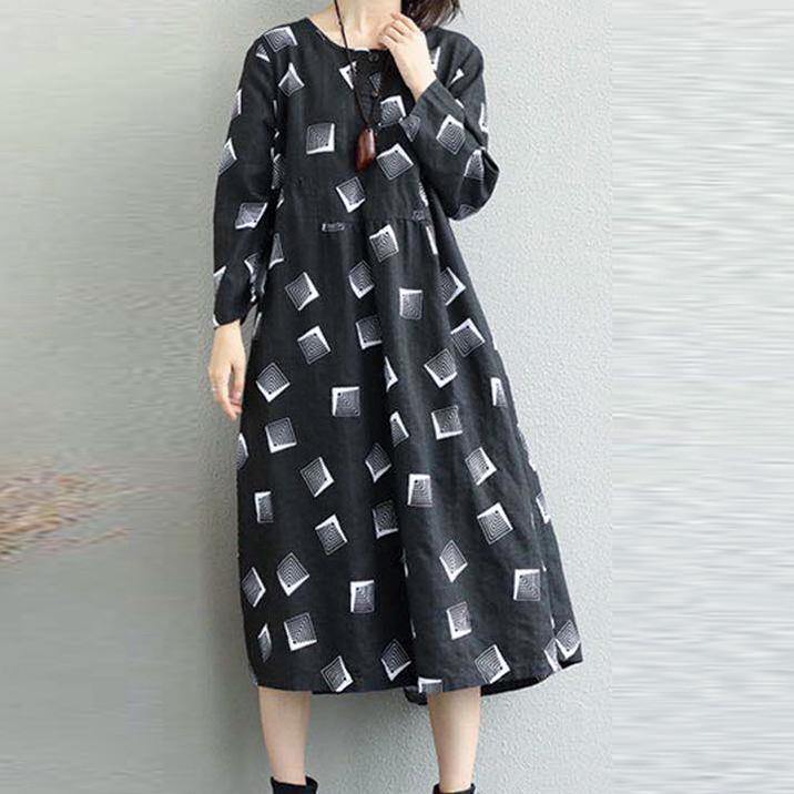 Vintage Black Prints Chiffon Dresses Plus Size Patchwork Fall Dresses New O Neck Caftans - Omychic