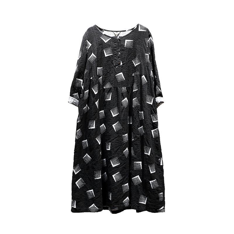 Vintage Black Prints Chiffon Dresses Plus Size Patchwork Fall Dresses New O Neck Caftans - Omychic