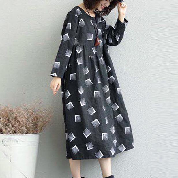 Vintage Black Prints Chiffon Dresses Plus Size Patchwork Fall Dresses New O Neck Caftans - Omychic