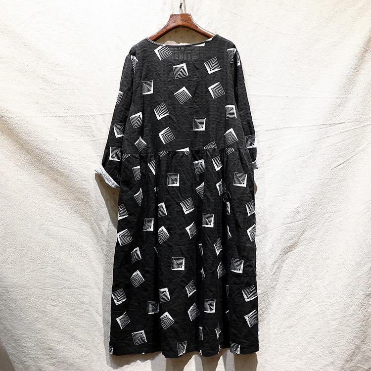 Vintage Black Prints Chiffon Dresses Plus Size Patchwork Fall Dresses New O Neck Caftans - Omychic