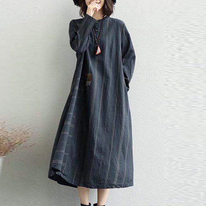 vintage black striped 2018 fall dress casual long sleeve gown 2018 loose waist maxi dresses - Omychic