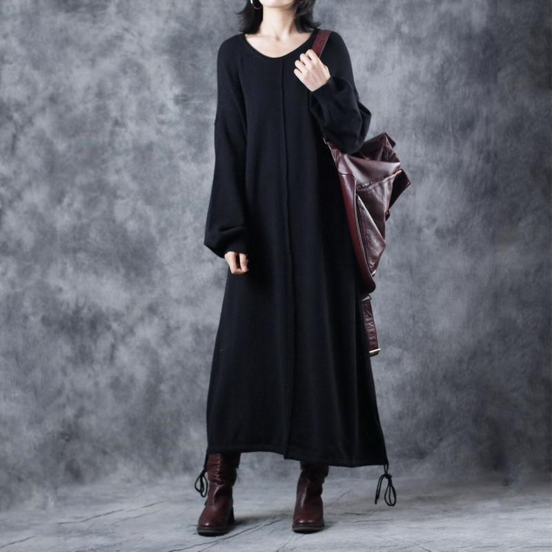 vintage black sweater dress plus size O neck drawstring pullover 2018 lantern sleeve winter dress - Omychic