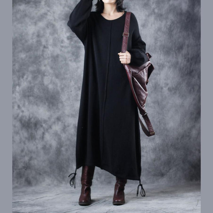 vintage black sweater dress plus size O neck drawstring pullover 2018 lantern sleeve winter dress - Omychic