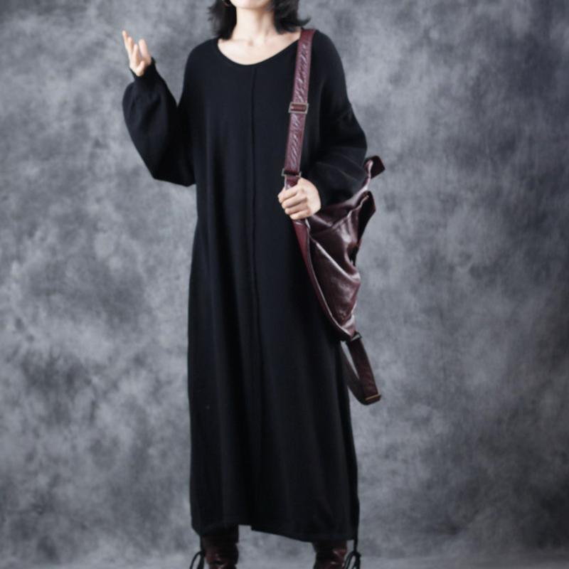 vintage black sweater dress plus size O neck drawstring pullover 2018 lantern sleeve winter dress - Omychic