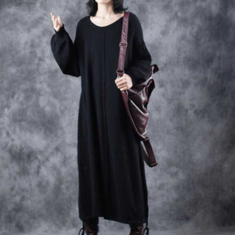 vintage black sweater dress plus size O neck drawstring pullover 2018 lantern sleeve winter dress - Omychic