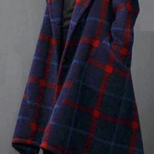 vintage blue Plaid Woolen Coats plus size long coats asymmetric woolen hooded outwear - Omychic